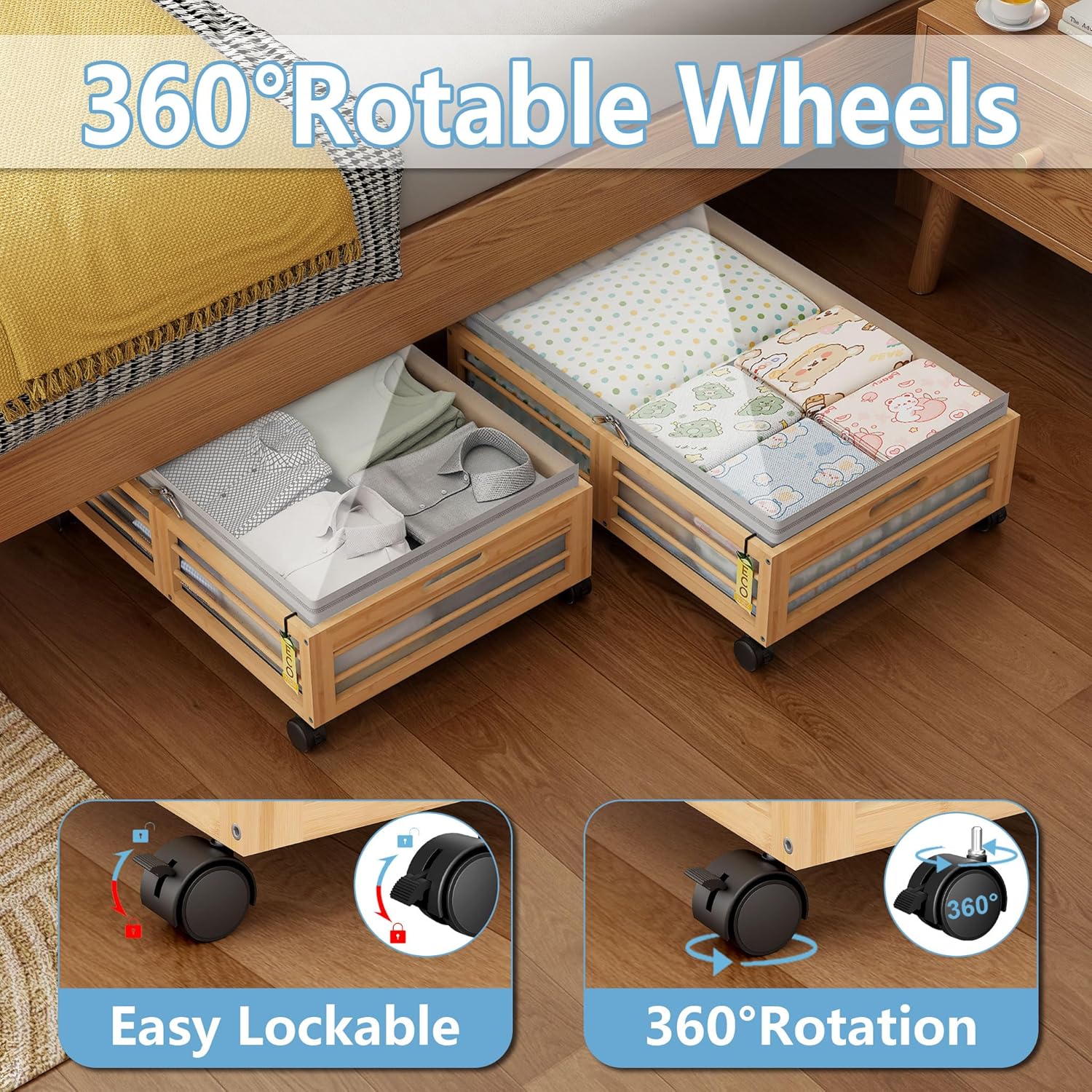 Under Bed Storage Containers with Wheels, Larger Bamboo Wood Under Furniture Storage Containers with Dust Bags，Rolling for Shoes Clothes