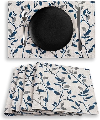 Juego de 4 manteles individuales de lino con estampado de hojas para mesa de comedor, 12 x 18 pulgadas, para decoración de cocina, cabaña,