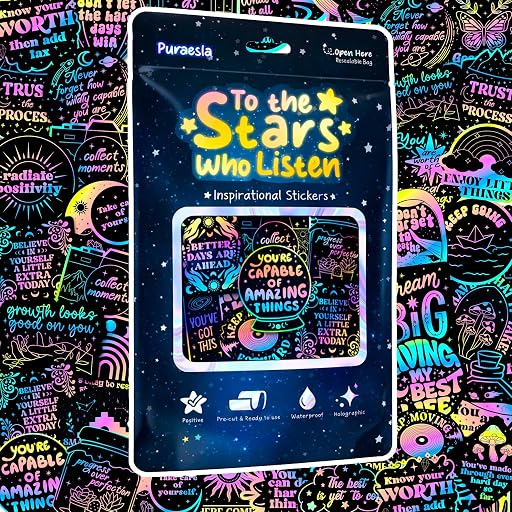 100 PCS Holographic Positive Affirmation Stickers - to The Stars Who Listen By Puraesla - Lumina Series- Neon Inspirational Boost Stress Relief Sticker for Journaling & Laptop, Phone, Water Bottle