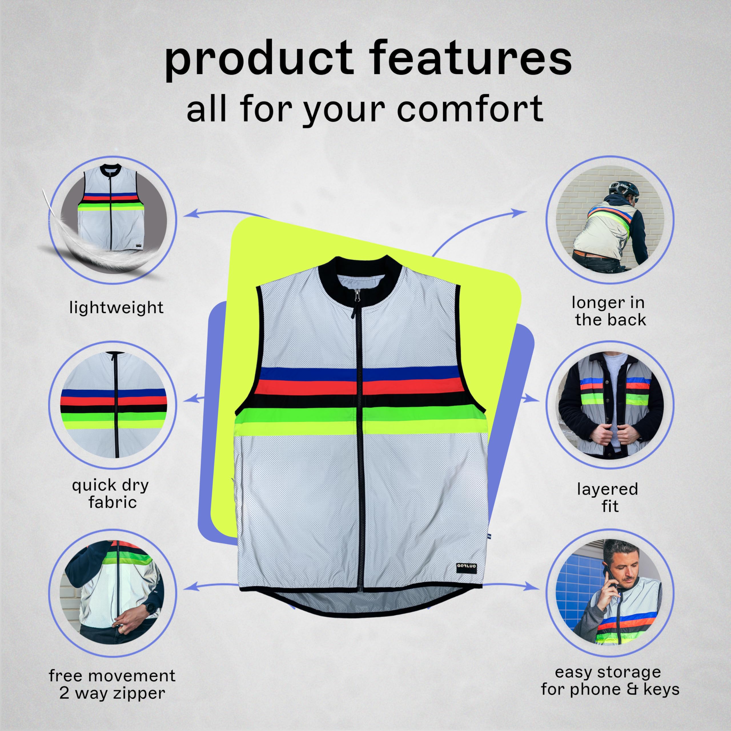 gofluo. - Chaleco reflectante Darkchamp - Chaleco reflectante - Chaleco reflectante - Visible en la oscuridad para excursionistas, correr, bicicleta - Grey Reflective -, gris, L