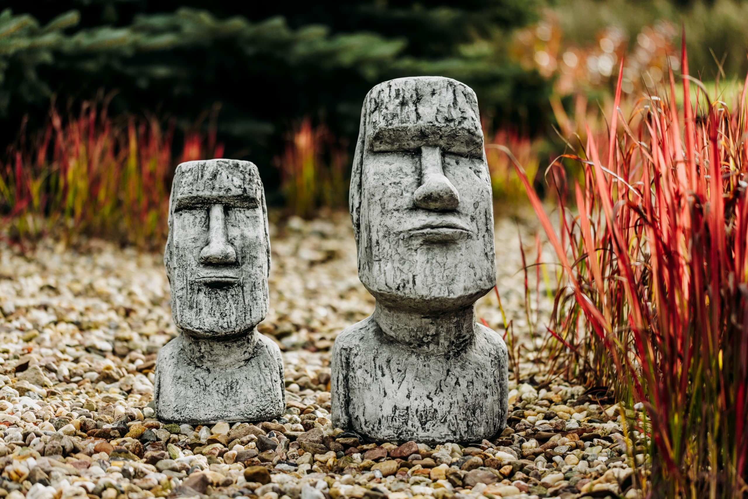gartendekoparadies.de Set mit Zwei Moai-Stein-Statuen, Steinfigur, H. 55/41 cm, 36 kg / 16 kg, Grau, frostsicher aus Steinguss für Außenbereich