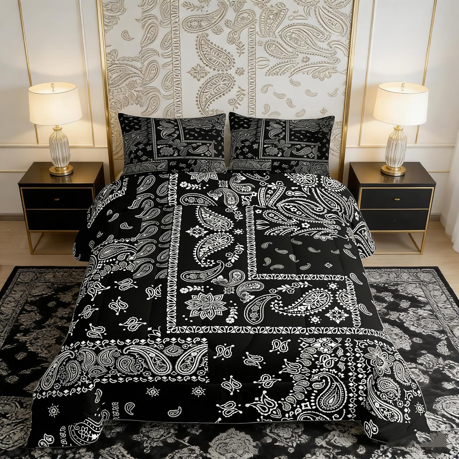 Manfei Paisley Comforter Set King Size, Boho Style Jacquard Paisley Flower Bedding Set 3pcs, Black and White Floral Print Down Comforter, Kids Teens Women Room Decor, 2 Pillowcases, No Sheets