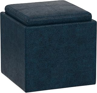 SIMPLIHOME Rockwood 17" Wide Vegan Leather Storage Ottoman in Blue