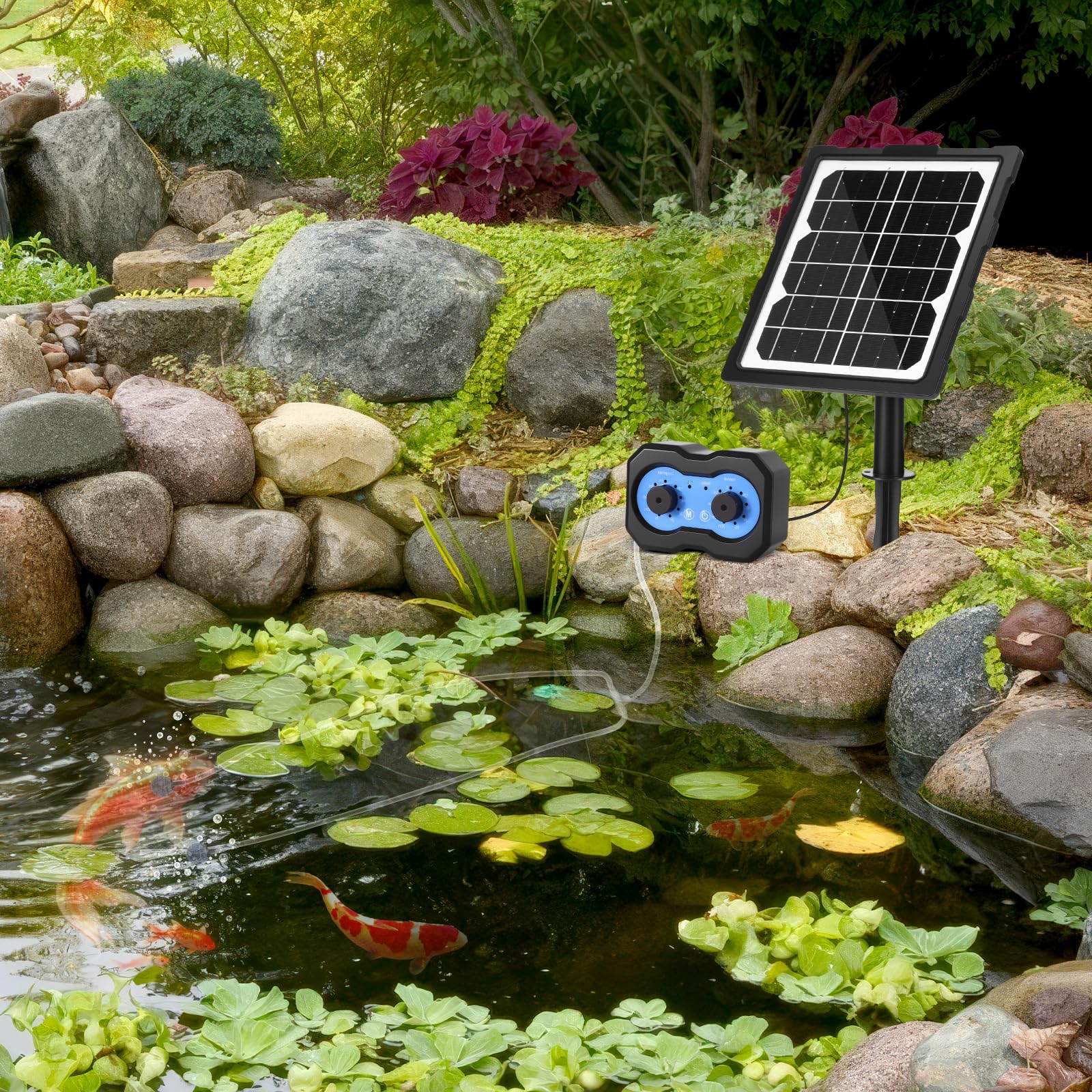Pompe à oxygène solaire - 3 W - 2 modes de travail - Pompe à oxygène solaire programmée avec batterie de 2200 mAh - Silencieux et réglable - Pompe à air d'aquarium - Pompe à oxygène pour étang, jardin