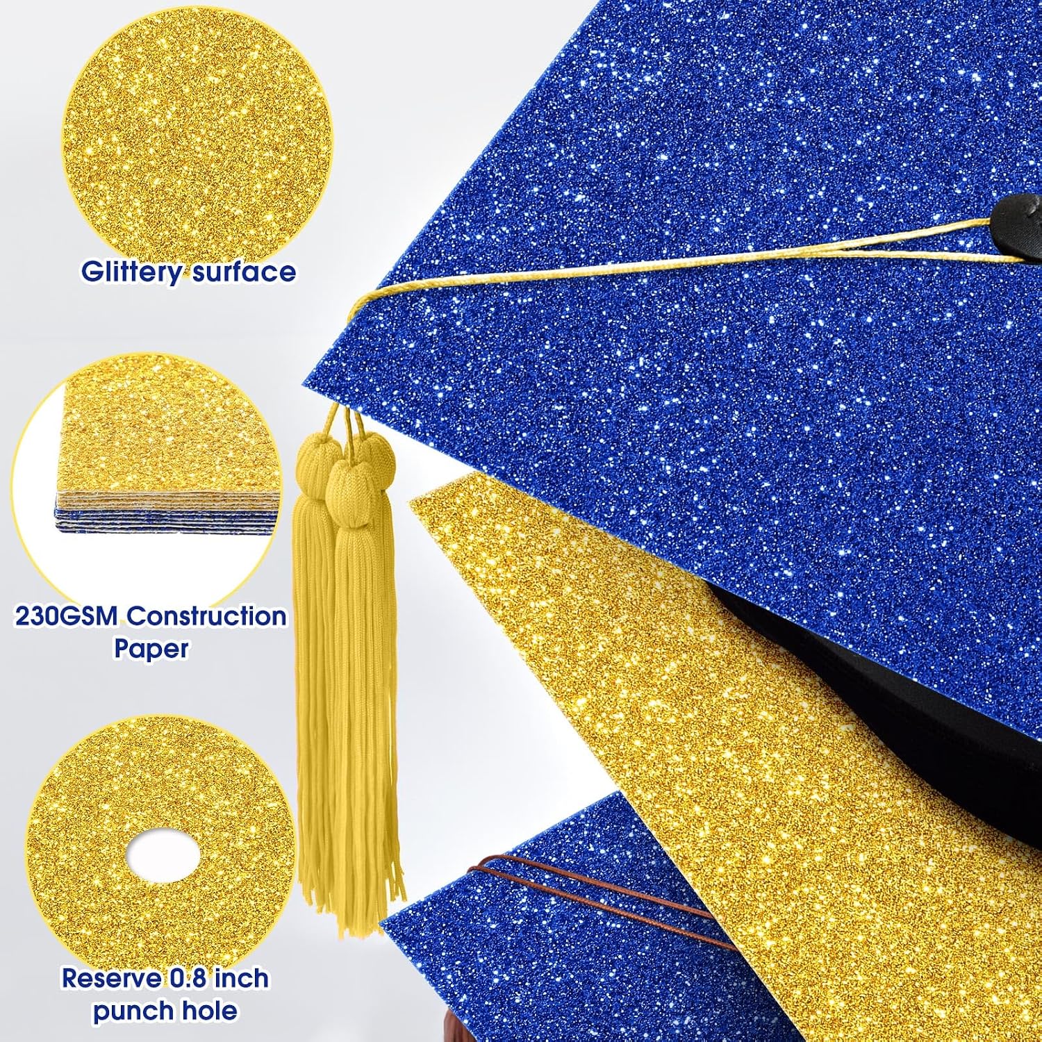 Gersoniel 12 Sheets Glitter Construction Paper for Grad Caps 10" x 10" 250 GSM Cardstock Graduation Hat Decorations for DIY Grad Caps Toppers Craft(Royal Blue, Gold)
