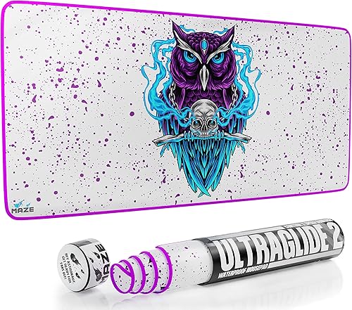 Maze Alfombrilla de mouse extendida 2XL  Más gruesa de 0.197 in (36 x 18 x 0.2 pulgadas) Ultraglide 2 Night OWL-W alfombrilla de mouse de superficie