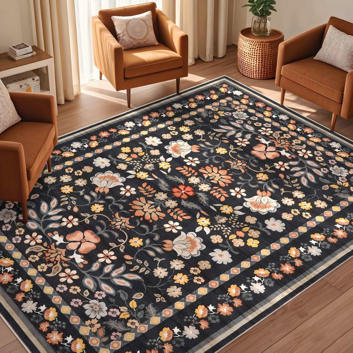 6x9 Area Rug Living Room Rugs - Washable Boho Vintage Floral Large Soft Non Slip Thin Rug Low Pile Carpet for Bedroom Dining Room Kids Playroom Office Decor Indoor- Black Grey