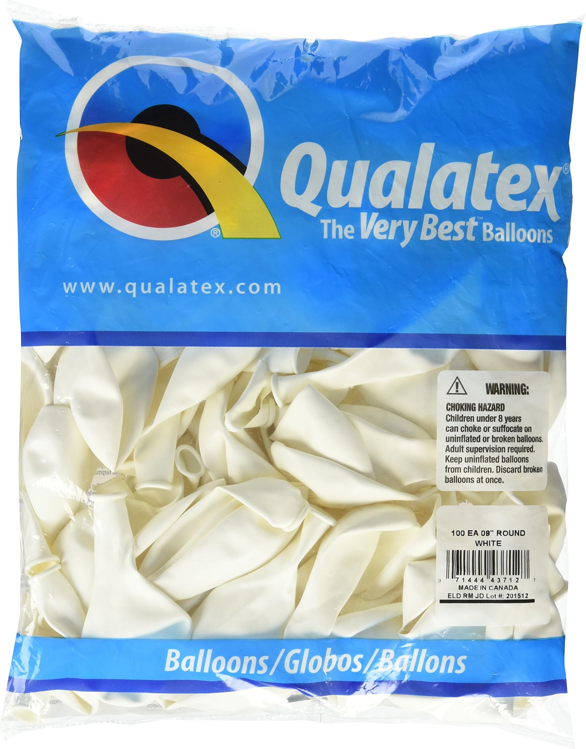 Qualatex 43712 White Latex Balloons, 9", White, Pack of 100