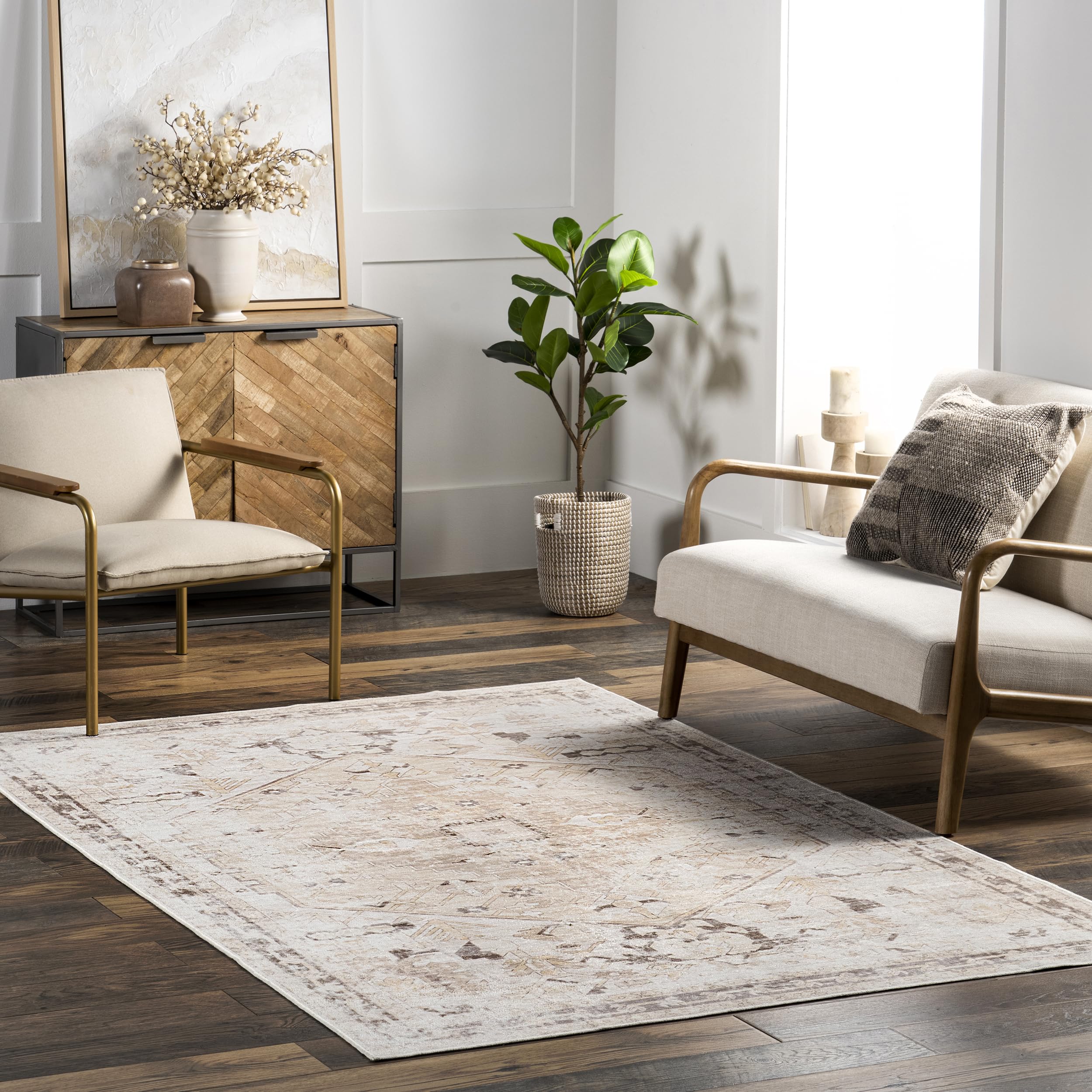 Tapis vintage médaillon beige pour salon élégant et lavable nuLOOM