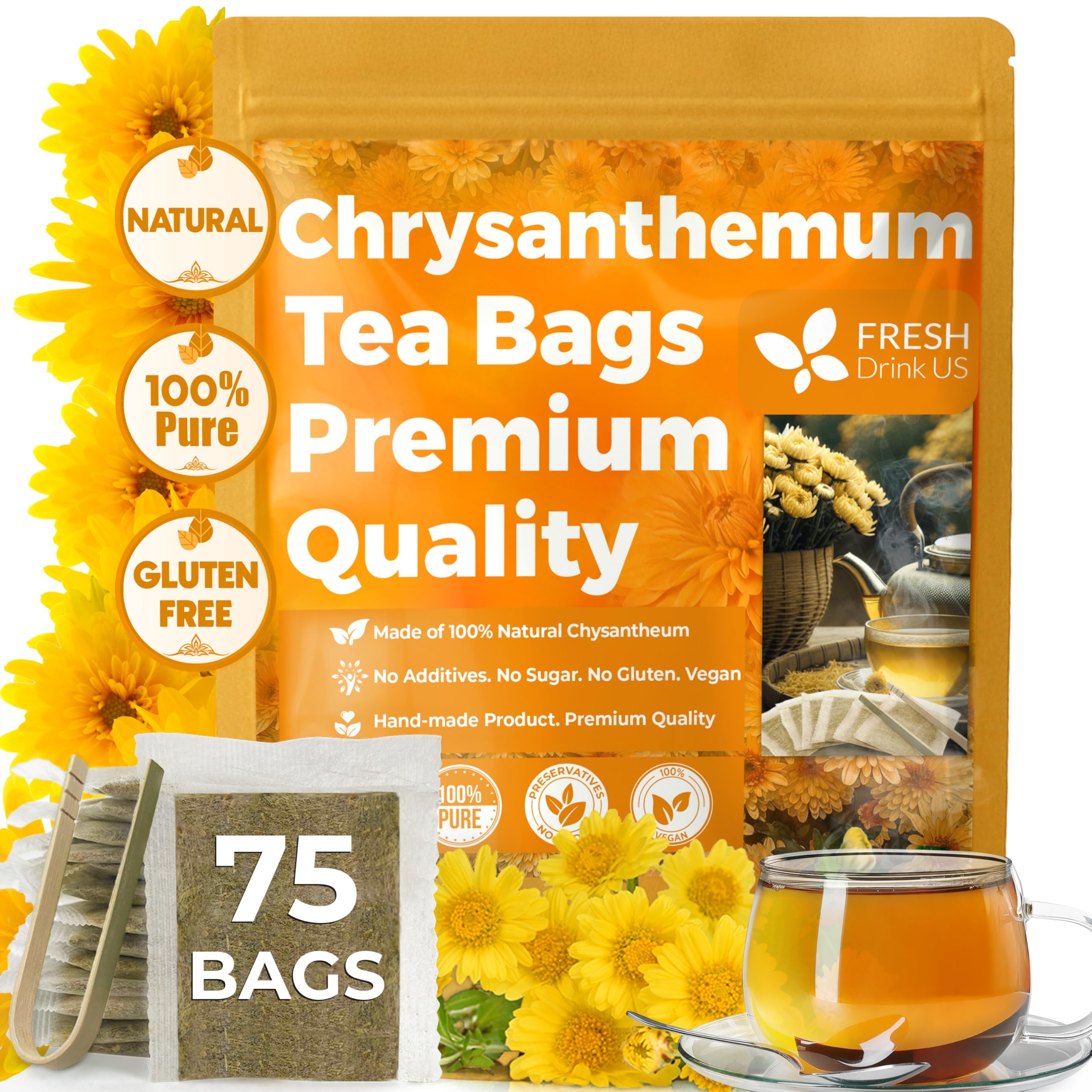 FreshDrinkUS, Premium 75 Chrysanthemum Flower Tea Bags, 100% Natural and Pure Chrysanthemum Flowers, Eco-conscious Tea Bags. Herbal Tea. No Sugar, No Caffeine, No Gluten, Vegan.