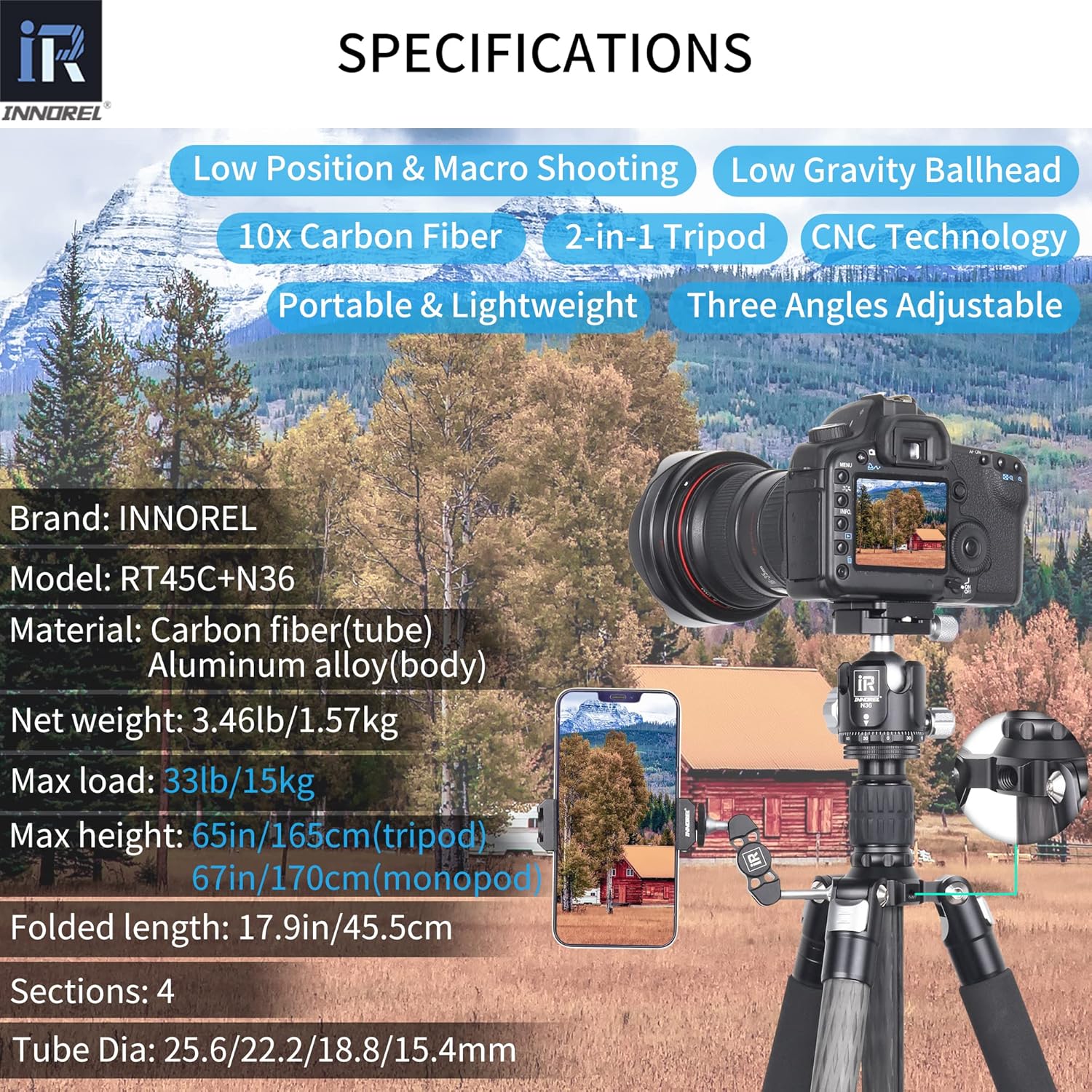 Portable 10 Layers Carbon Fiber Tripod-INNOREL RT45C+N36 Professional Travel Compact Lightweight Tripod Monopod for DSLR Camera Camcorder with 36mm Low Center Gravity Ball Head, Load 33lb/15kg