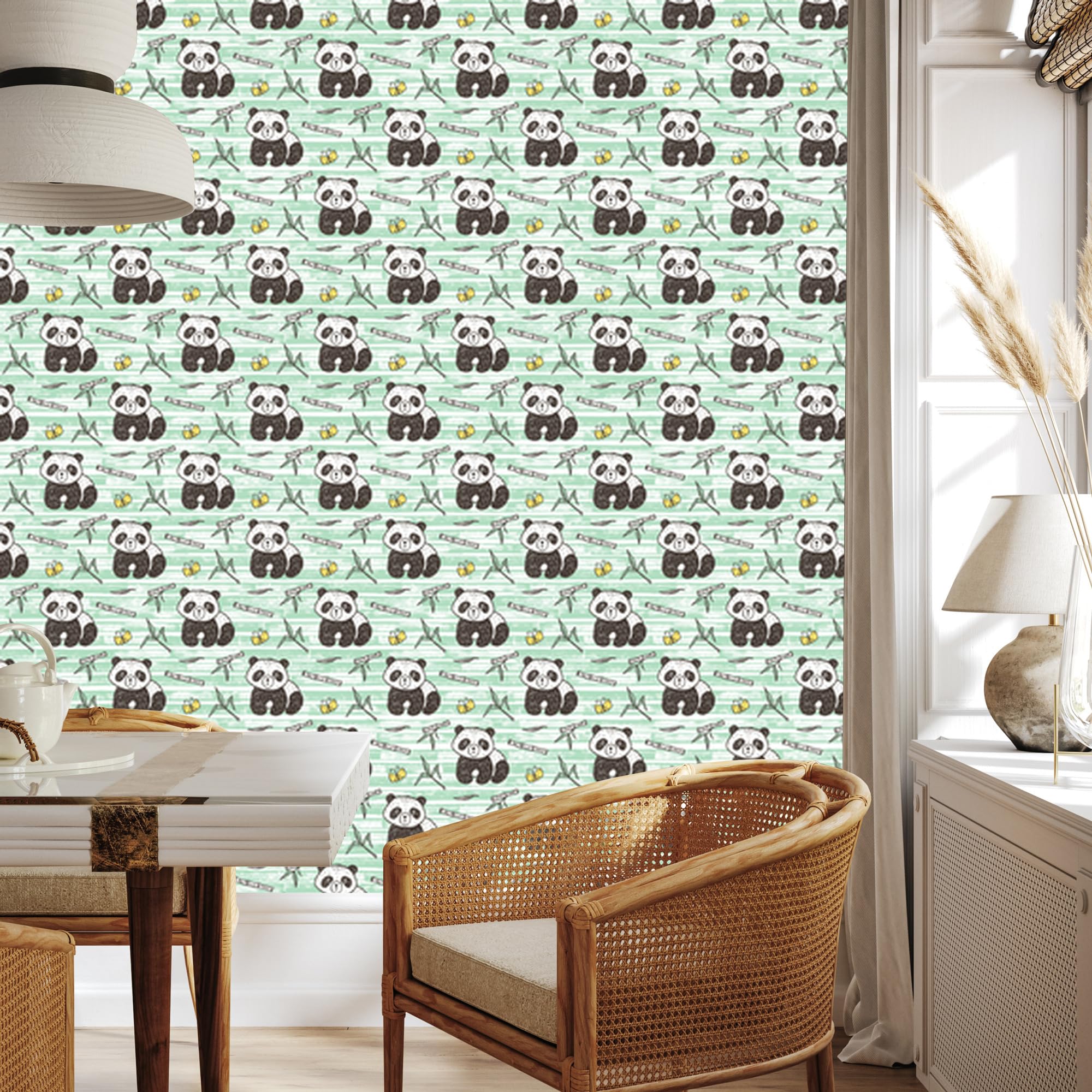 Vliestapete Pandas auf grünem Hintergrund 50 x 1000 cm | Ausdrucksstarke Bildgestaltung; Charaktervoller Raumschmuck; Harmonische Akzentfläche; Kleister im Set