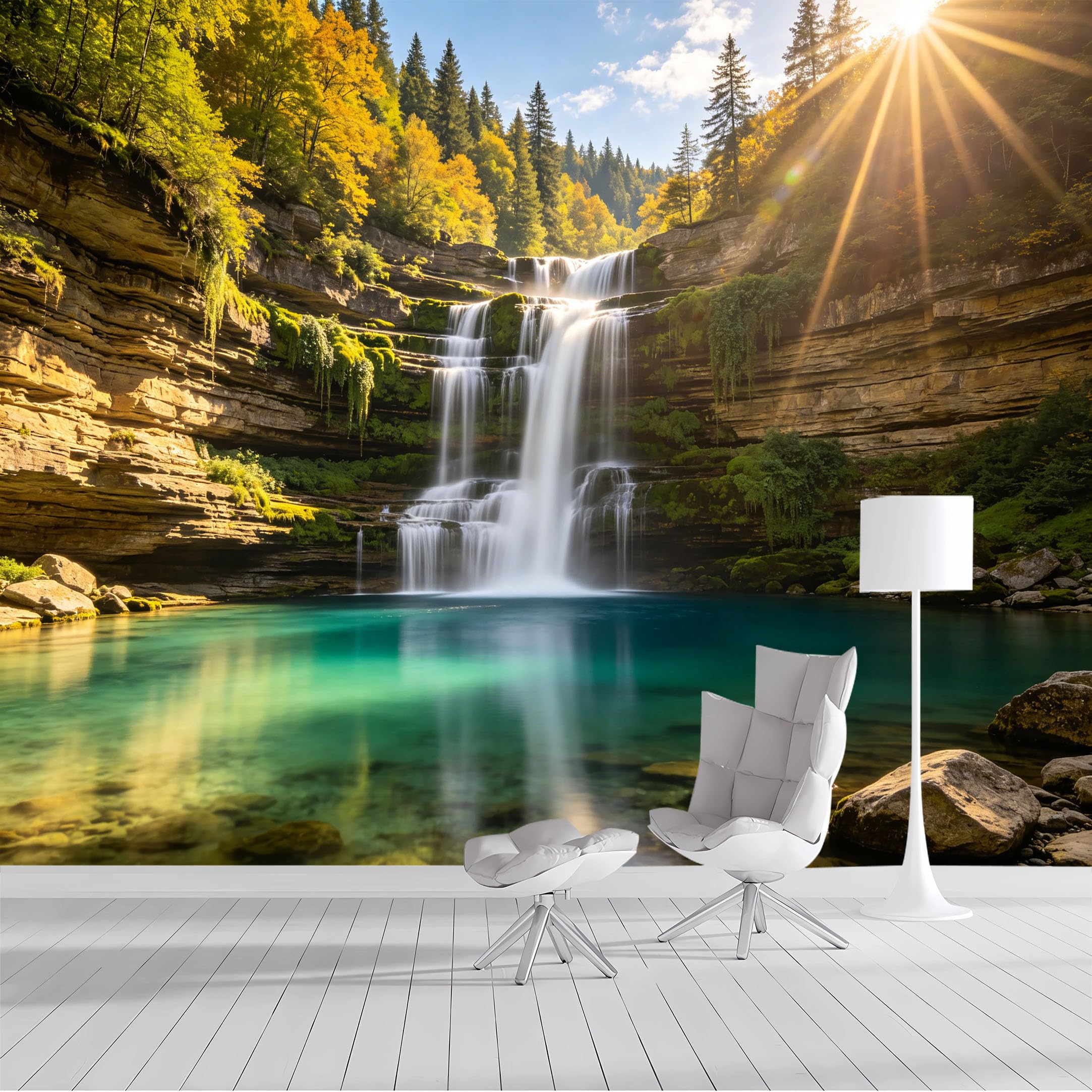 Custom Size Wall Mural Tropical Waterfall Forest Sunlight Landscape Nature Scenery SelfAdhesive Wall Fabric Removable Peel and Stick Wallpaper Wall Decor for Living Room Bedroom Bathroom