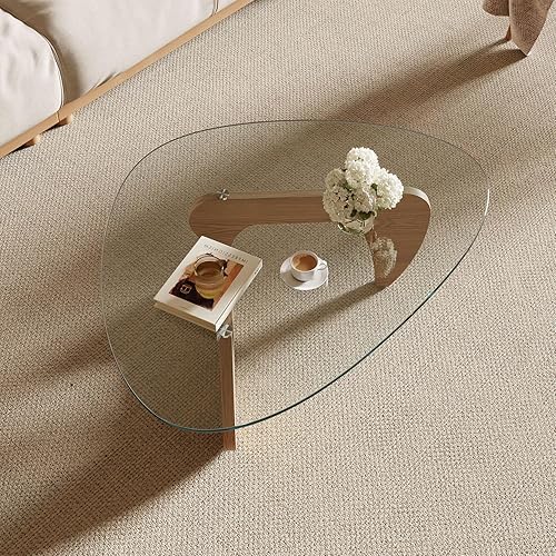 Miniatura 4 de Mesa de centro moderna para sala de estar y espacios pequeños, 43.3" x 29.5" x 15.8" tablero triangular de vidrio templado y base de MDF ecológica,