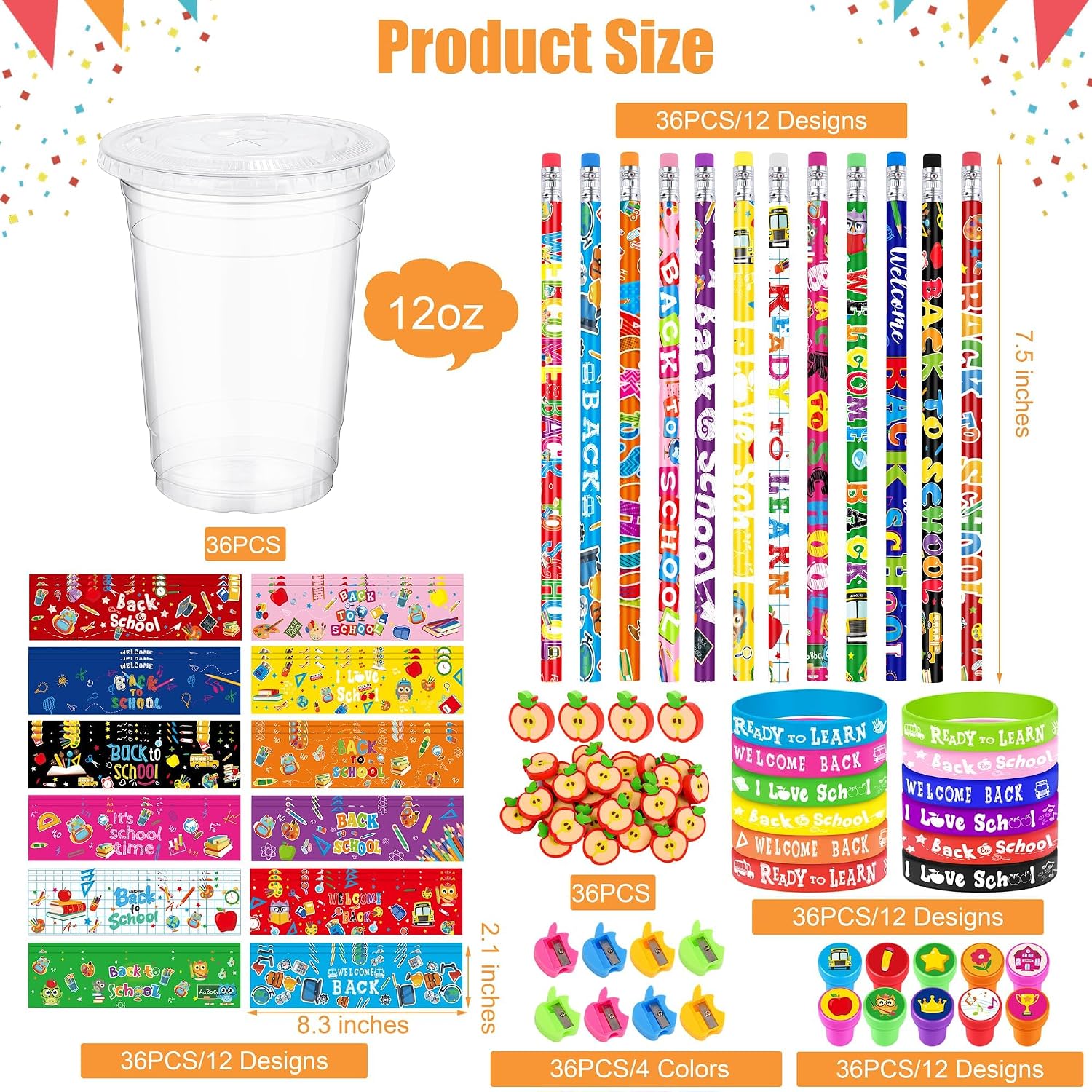 Aneco 288 Pieces 36 Set Back to School Stationery Set First Day of School Cups with Lids Bracelets Pencil Sharpeners Erasers Stamps Cards for Classroom Party Exchange Gift Reward Prizes