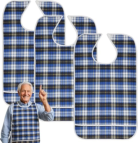 Miniatura 10 de Baberos para adultos, protector de ropa impermeable con atrapador de migas, baberos de comedor reutilizables para ancianos, hombres y mujeres Azul,