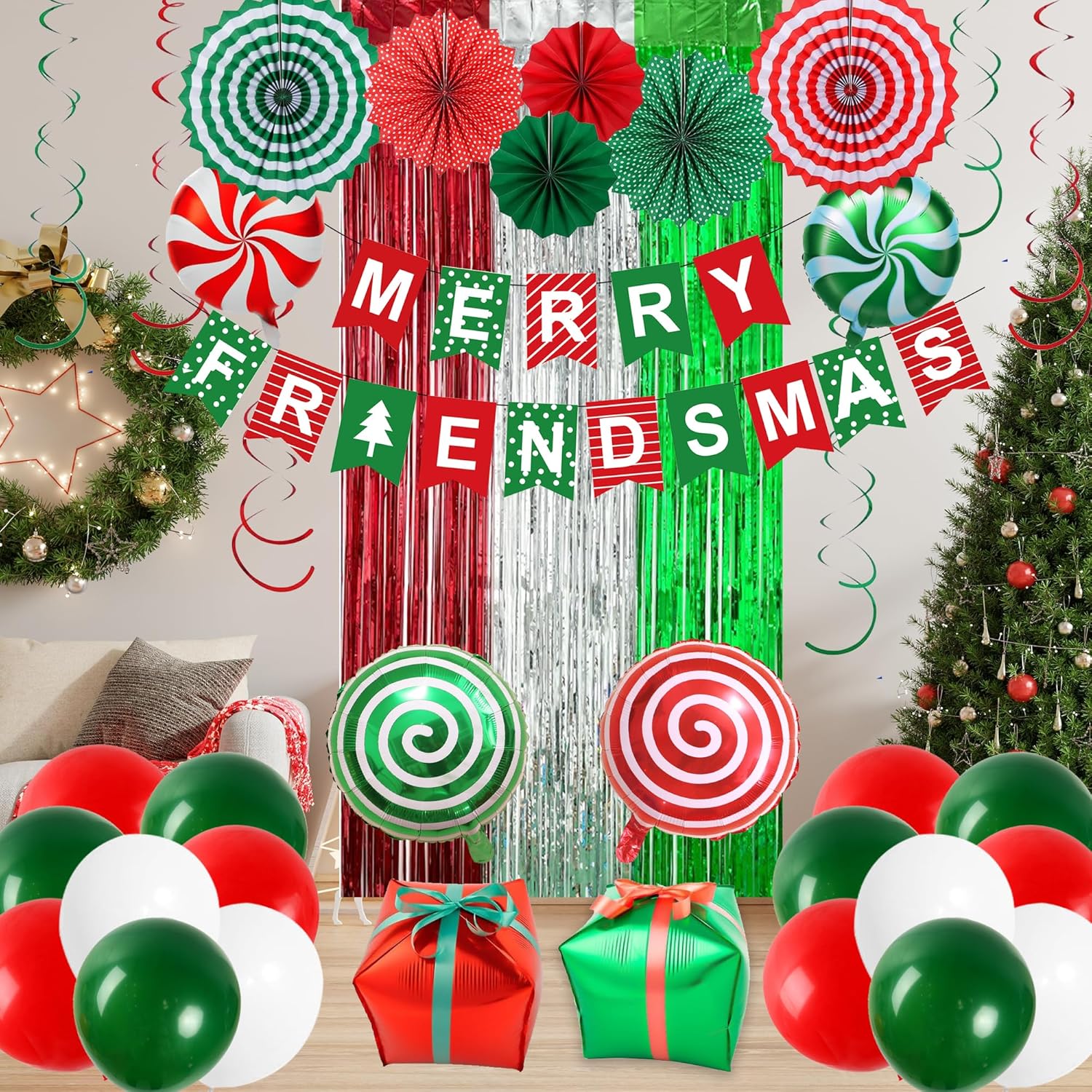Holkcog Red Green Merry Friendsmas Banner, Red Christmas Party Decorations for Friendsmas, Friends Christmas Dinner Party Garland Banner Ballons Paper Fan Candies Holiday Party Supply Fireplace Decor