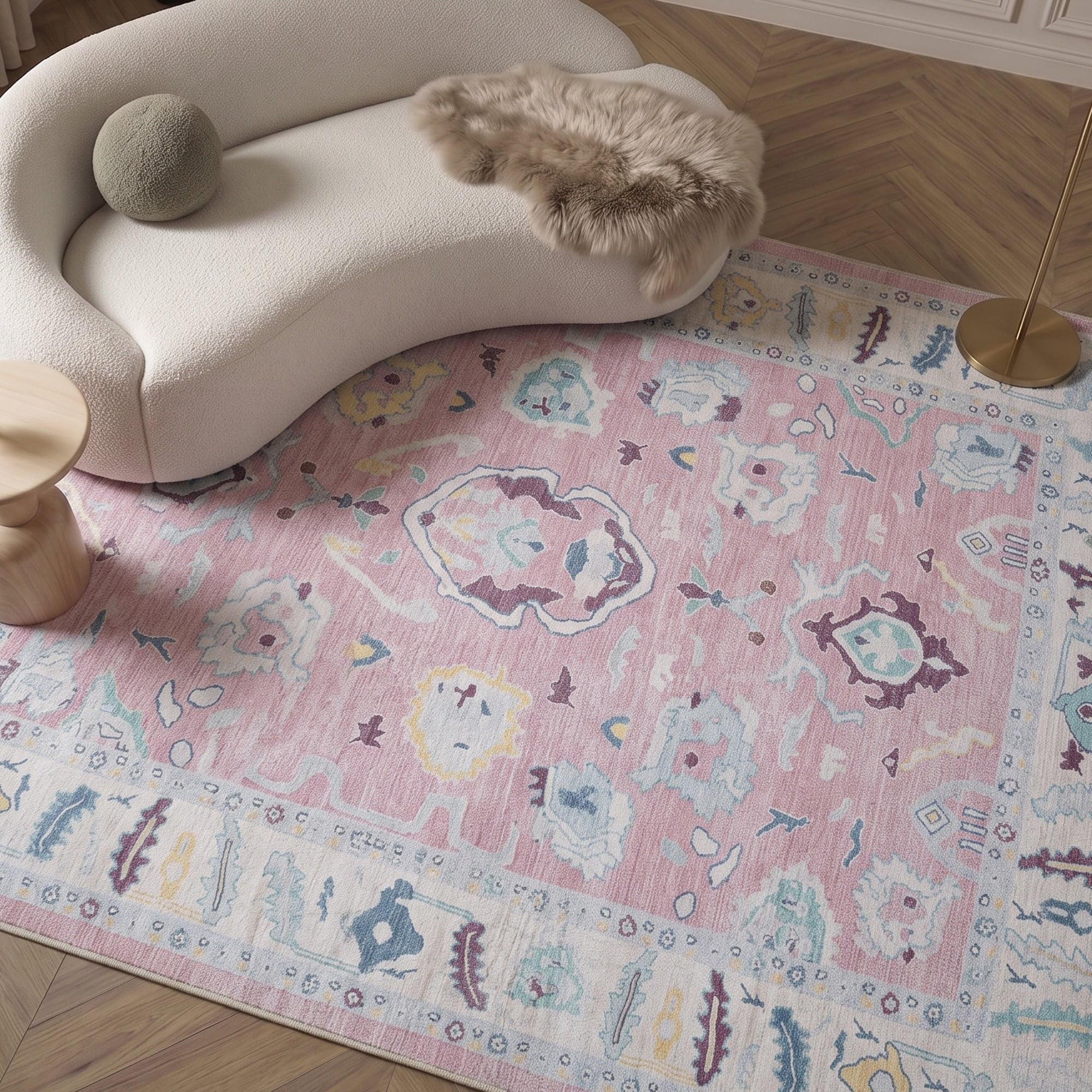 Fame Rugs Alfombra moderna Oushak de 6 x 9 pies, estilo vintage, color rosa turco, oriental, inspirada en la antigüedad, plegable, lavable, de lujo, para sala de estar, dormitorio (385PB, 5'9 x 8'9)