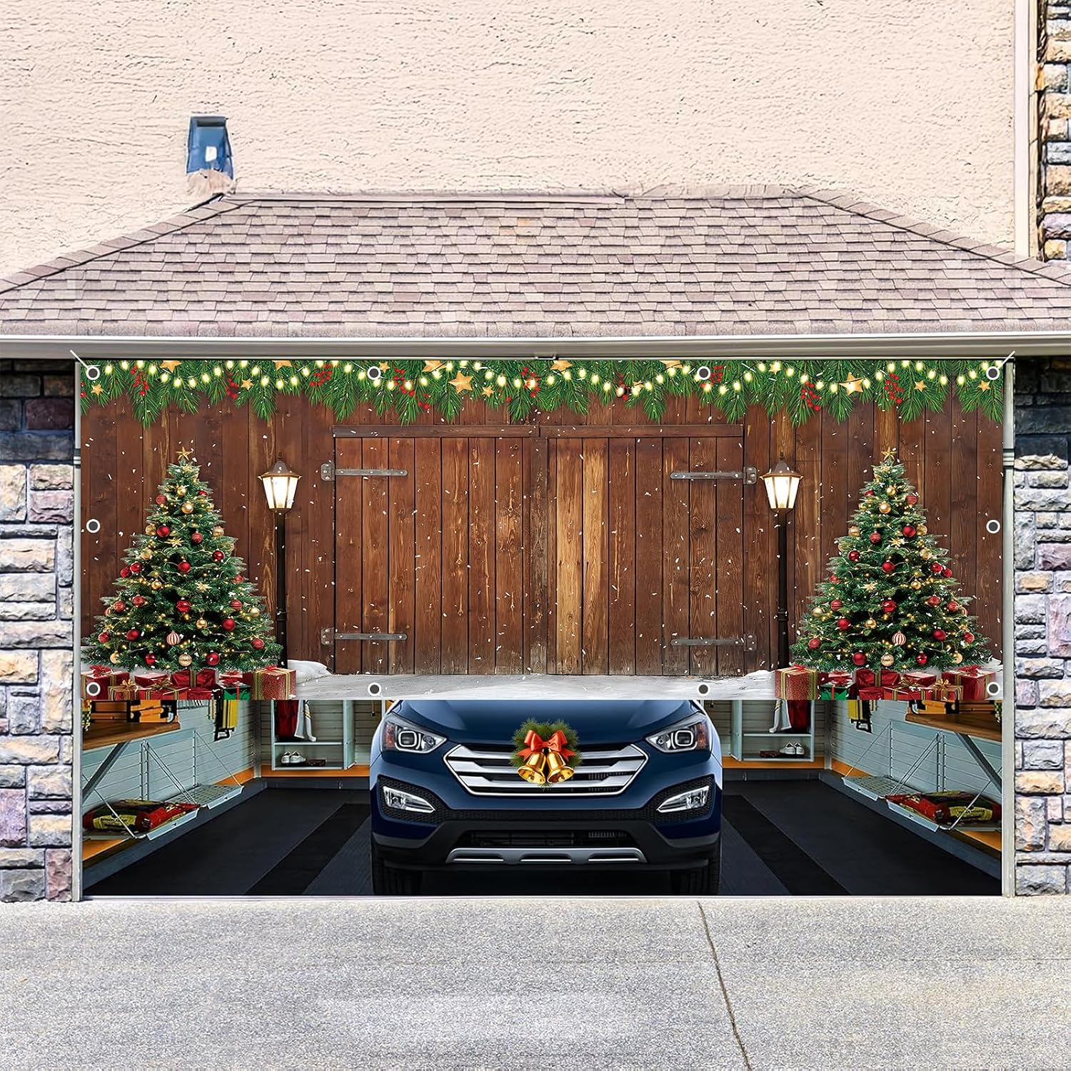 Christmas Garage Door Cover Decorations 7x16ft Winter Holiday Xmas Party Barn Rustic Wood Board Banner Backdrop Background Outdoor Indoor Large Wall Decor