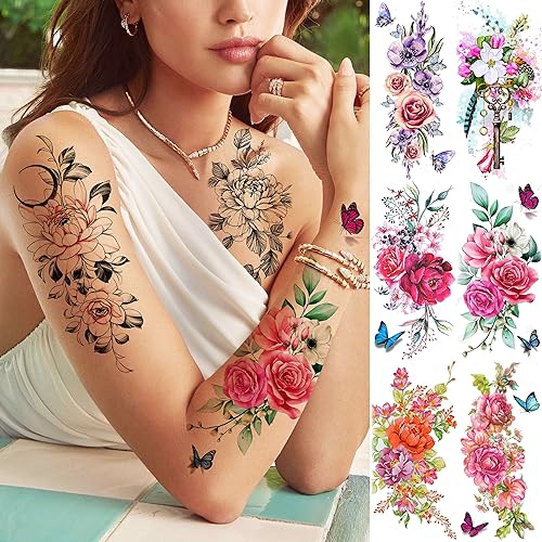 Miniatura 4 de 18 hojas de tatuajes temporales de rosas de flores sexys para mujeres, niñas y adultos, arte corporal, tatuajes de brazo falso, impermeables, luna,