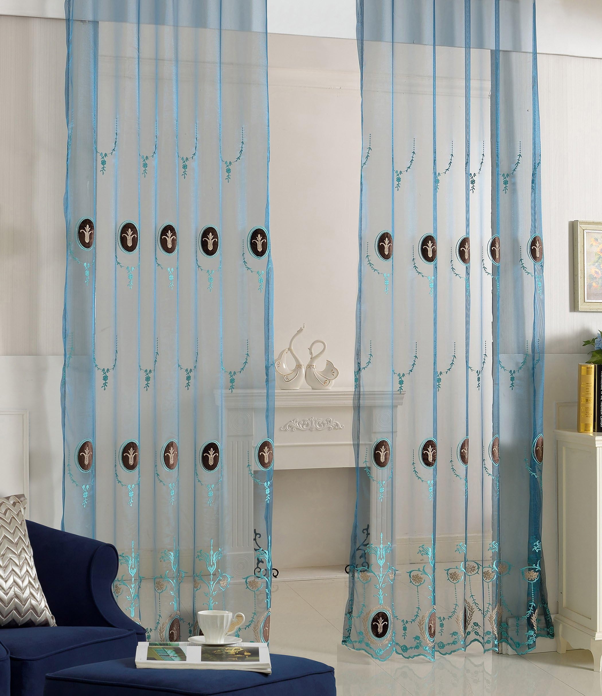 SmibraExquisite Design Home Decoration Embroidered Sheer Curtain Drape Voile Panel For Bedroom Dining Room and Living Room(2 Panels, W 52 x L 95 inch, Blue1) 1381403C1SYABU15295-8505-2P