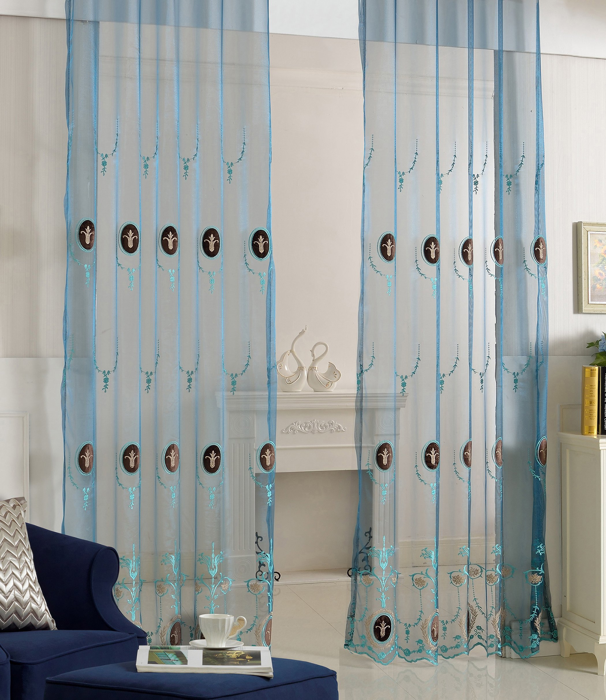 ABCWOO Exquisite Design Home Decoration Embroidered Sheer Curtain Drape Voile Panel For Bedroom Dining Room and Living Room (2 Panels, W 52 x L 63 inch, Blue1) 1381334C1SYABU15263-8505-2P