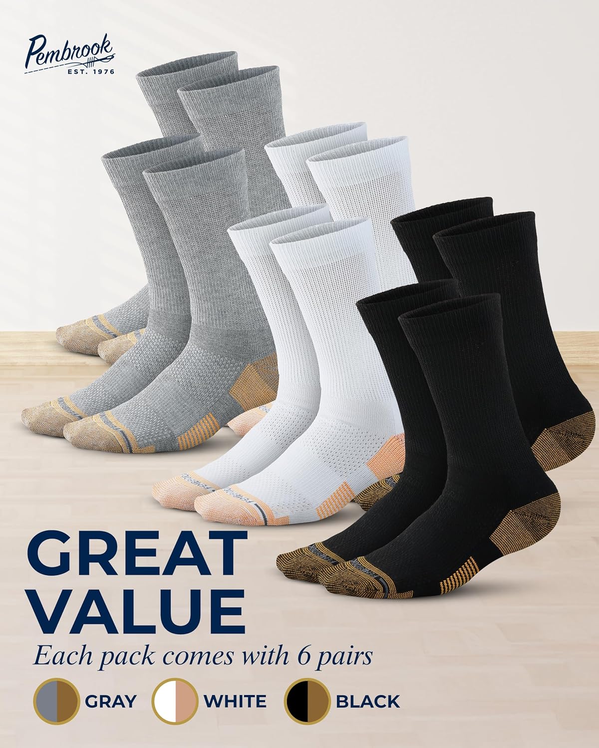 Pembrook Diabetic Socks for Men - 6 Pairs Crew Diabetic Neuropathy Socks for Men | Non Binding - Image 5