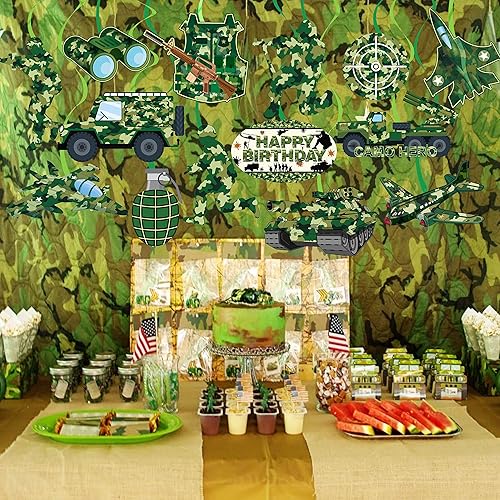 Miniatura 8 de Soldado del ejército, decoraciones de remolino colgante, decoraciones de camuflaje para fiesta de camuflaje verde héroe remolinos de techo para