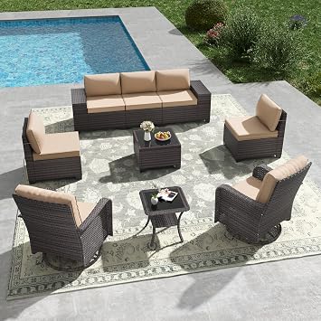 Kullavik 9 Pieces Outdoor Patio Furniture Set,PE Wicker Rattan Sectional Sofa Patio Conversation Sets with Tempered Glass Table,Swivel Rocking Chairs Set,Sand