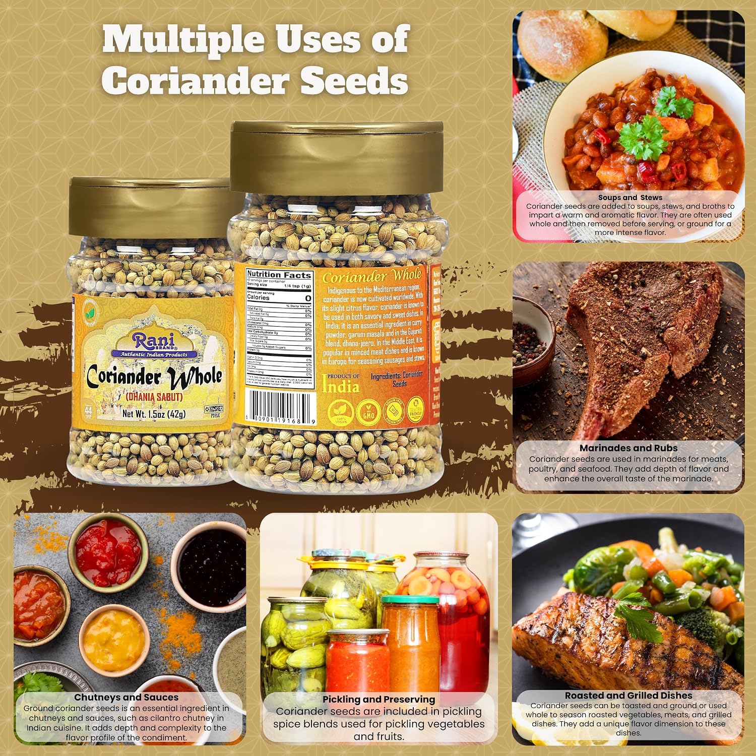 Rani Coriander (Dhania) Seeds Whole, Indian Spice 1.5oz (42g) PET Jar ~ All Natural | Gluten Friendly | NON-GMO | Kosher | Vegan | Indian Origin image 2