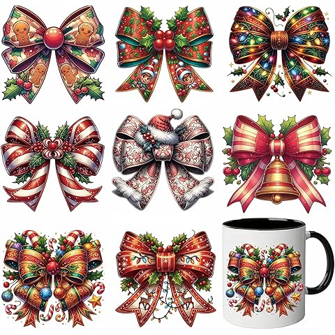 8pcs Festive Red Christmas Bow UV DTF Cup Wraps Winter UV DTF Transfer Sticker for Glass Cups Furniture Craft DIY Crafts,Rub on Transfer Stickers for DIY Water Bottle Laptop Decal Wood Car