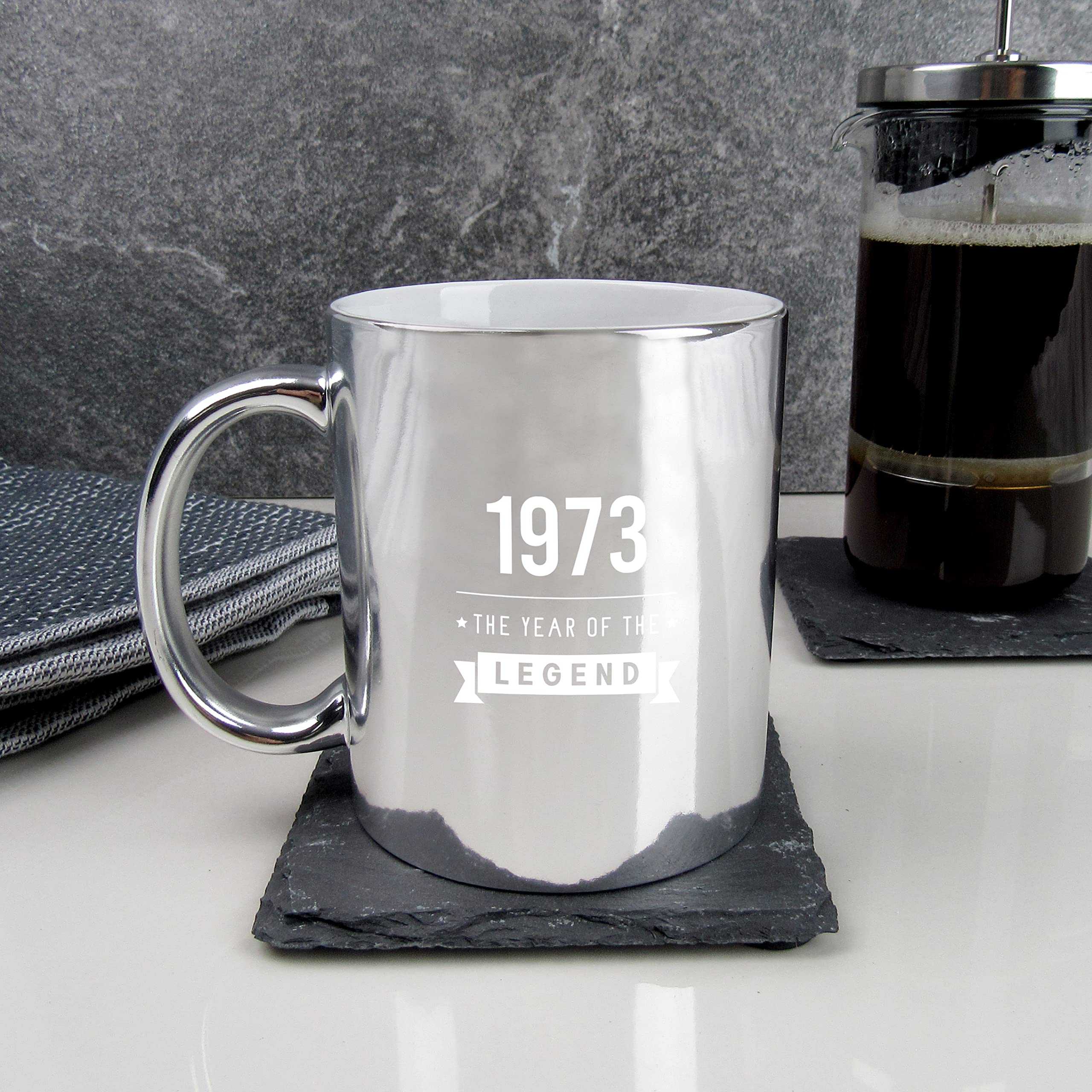 eBuyGB Metallic Shiny Silver Coffee Mug -1973 Year of The Legend Design - 50th Birthday Gifts for Him, Men - 370ml Tea Cup, Gift for Dad, Uncle, Brother, Fiftieth Gift for Dad