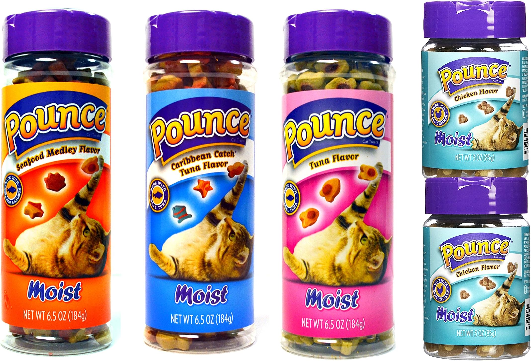 Pounce Moist Cat Treats Variety Pack - 4 Flavors (Caribbean Catch, Seafood Medley, Chicken, & Tuna) - 5 Total Canisters