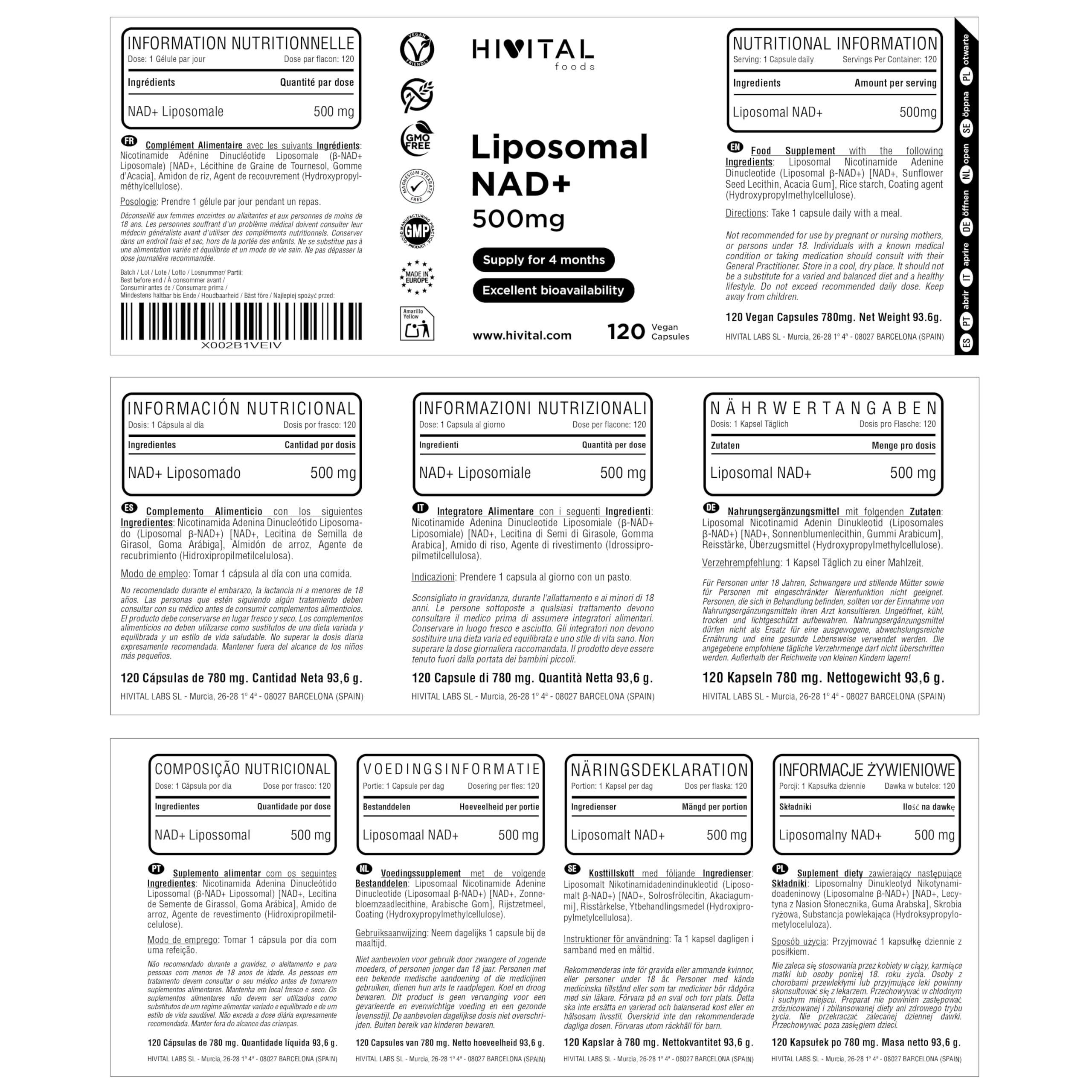 NAD+ Liposomal 500 mg. 120 cápsulas veganas para 4 meses.