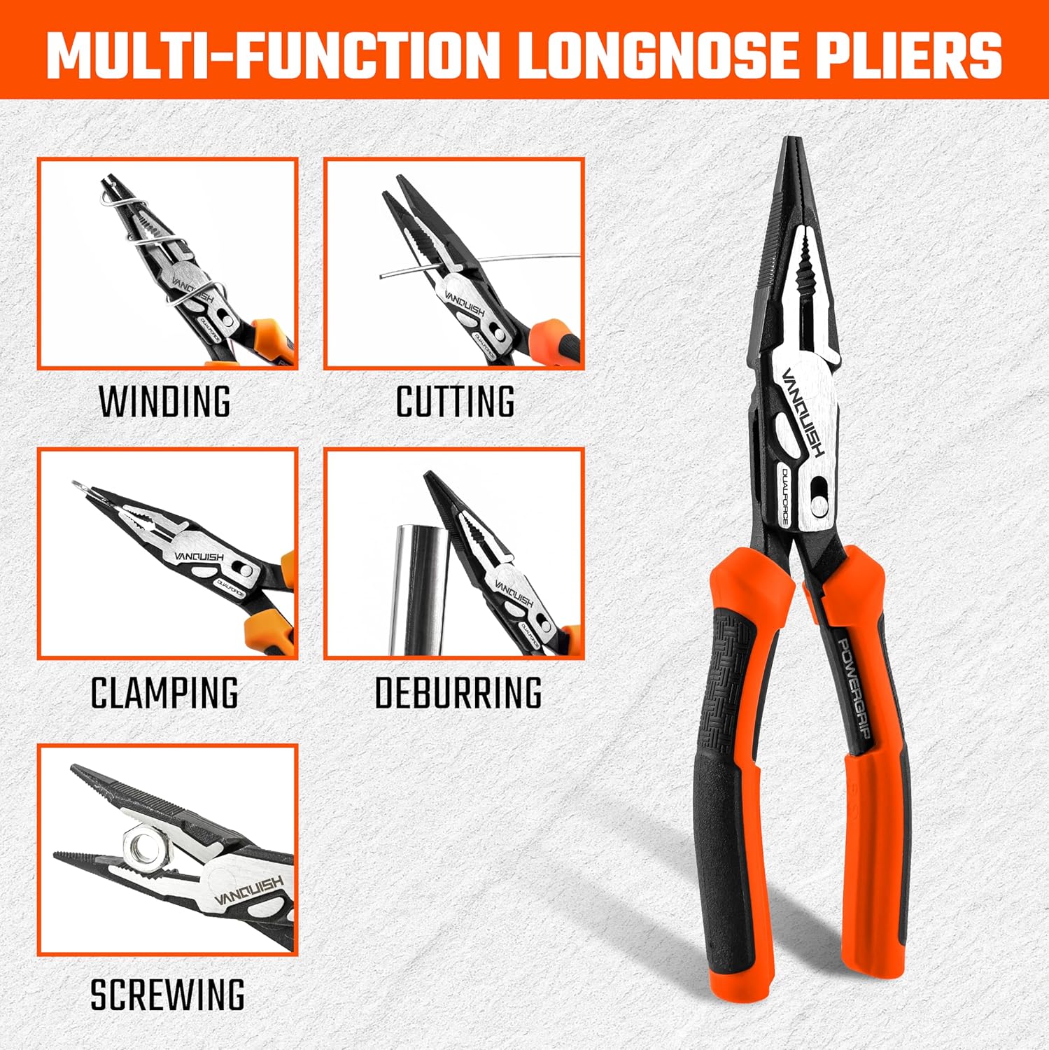 VANQUISH Dual Pivot Compound 8 Inch Long nose Plier, CR-V Steel, Power Grip Handle, 50% Less Effort to Cut, 3016