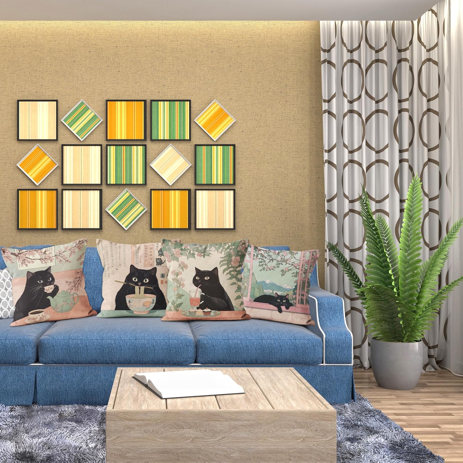 Japanese Black Cat Pillow Covers 18x18, Cat Lovers Mom Lady Gifts for Women, Vintage Japanese Food Floral Black Kitten Decorative Pillow Covers for Bedroom Living Room Home, Set of 4