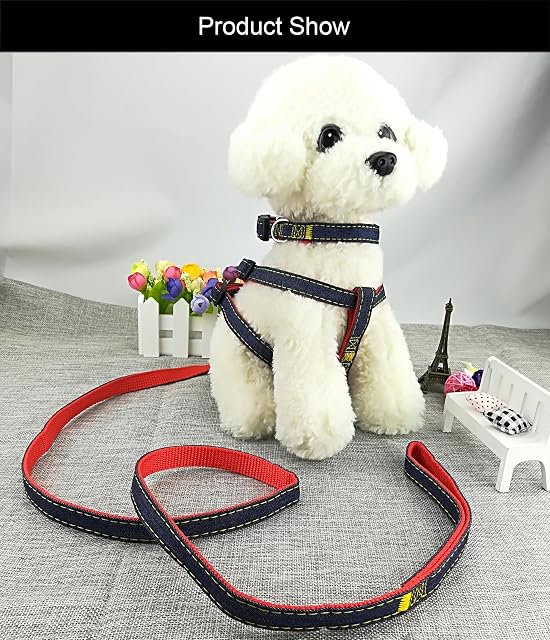 Foto 2 de 7 de Newtensina Moda Perro arnés Collar y Correa Set cómodo Tela de Mezclilla Perrito arnés Collar con Correa…
