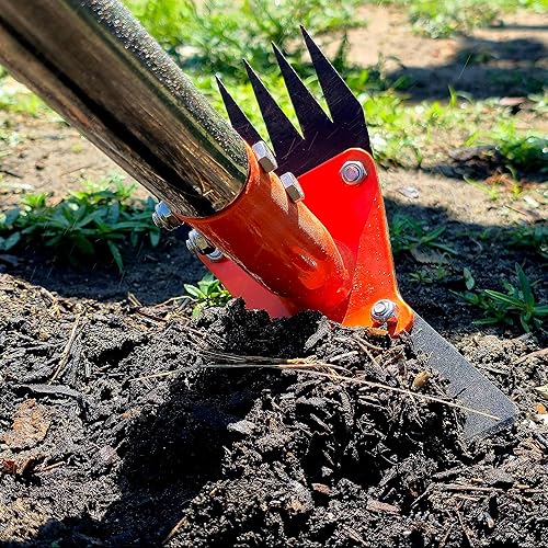 2-in-1 Garden Hoe and Weed Puller Rake, 60 Inch Adjustable Long Handle Weeding Tool Heavy Duty Spring Steel Head with Sand Grain Coating, Weed Remover for Garden, Yard, Lawn, Driveway