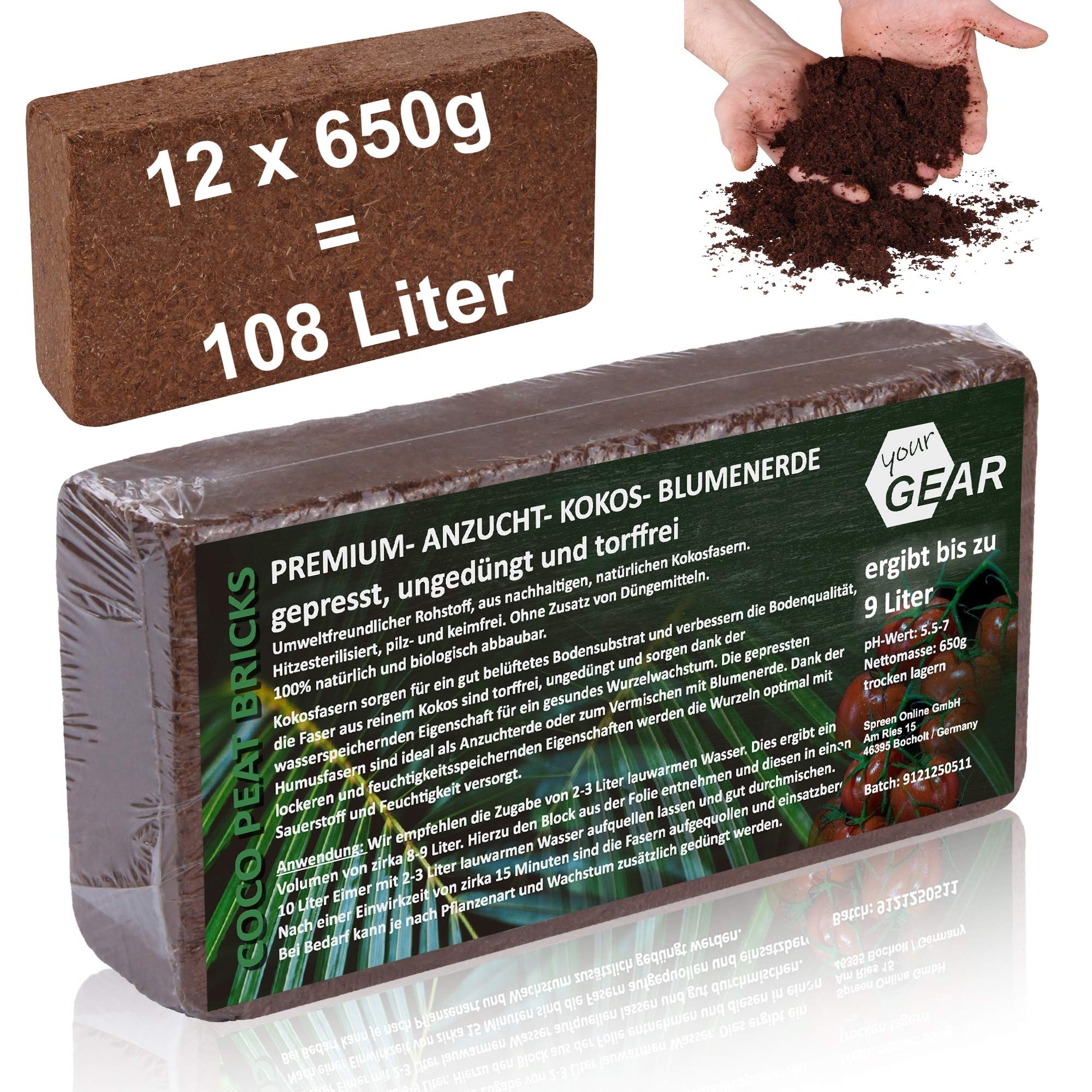 yourGEAR feinkörnige Kokoserde 108 L - 12x650g gepresste Blumenerde nachhaltige Aussaaterde aus Kokosfasern 100% Bio ungedüngt torffrei