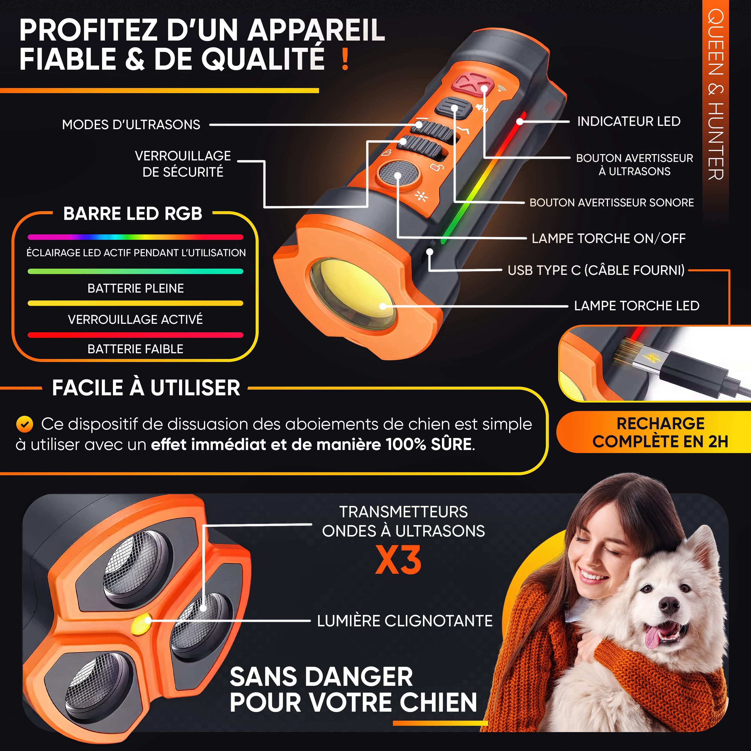 Anti Aboiement Chien Ultrason | Solution Dressage sans Collier electrique | Boitier Portatif sans Douleur | Dispositif Ultrasons sans Sifflet pour Dressage Petit et Grand Chiens | Repulsif Anti Chat