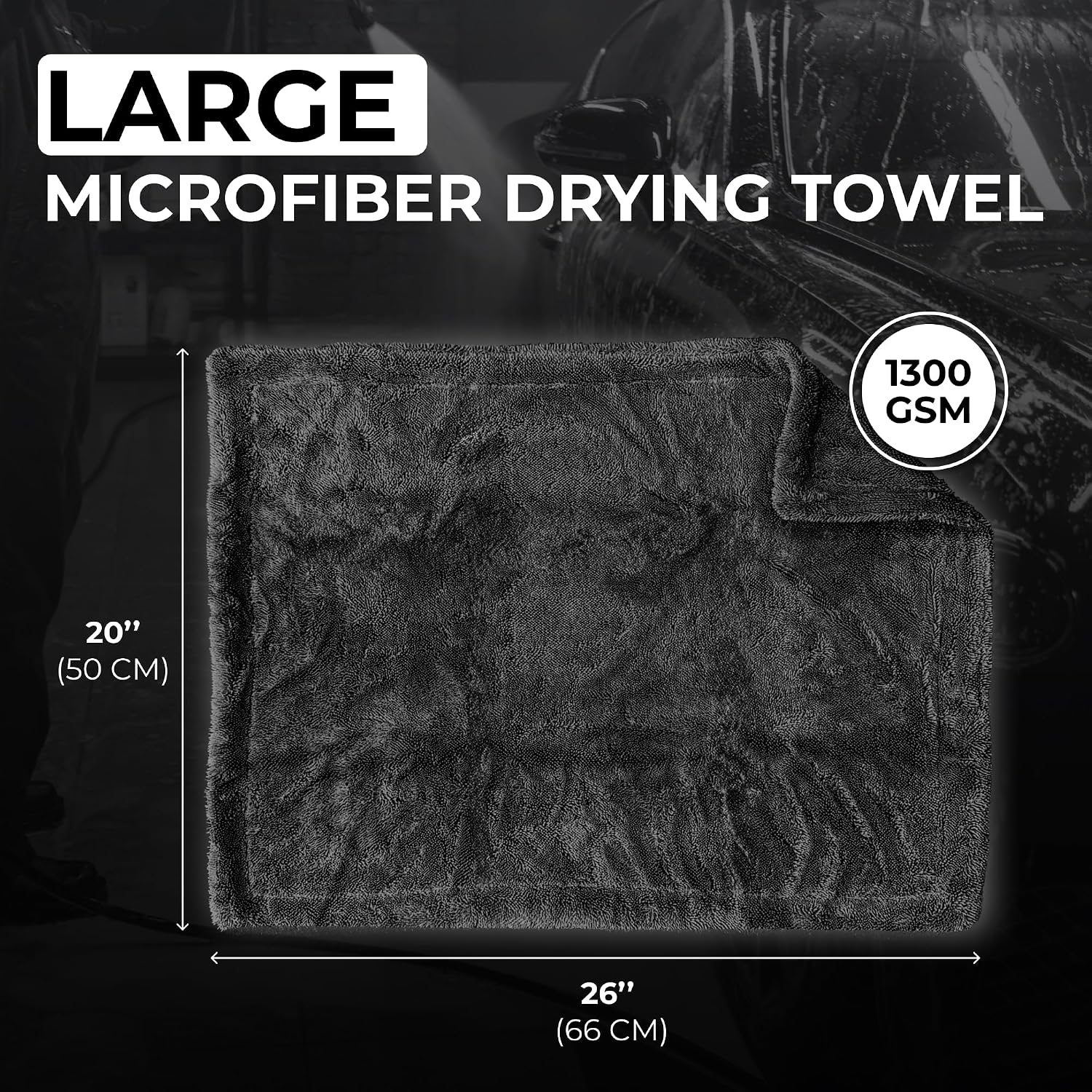 Large Car Drying Towel, 1300 GSM Professional Car Towel with Double Twisted Loop,Super Absorbent Large Microfiber Drying Towels for Cars, Trucks, SUVs - 20"x26", Gray