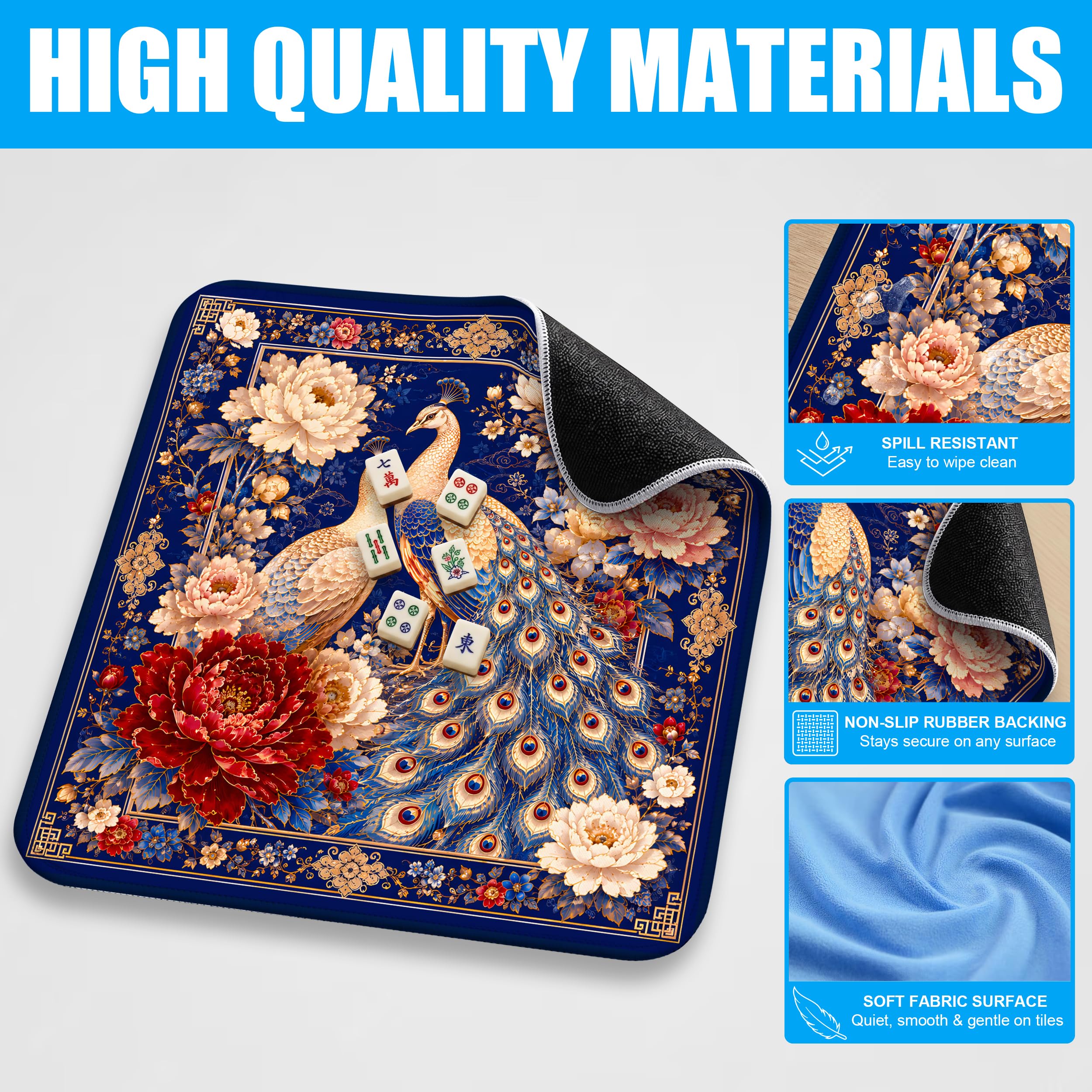 SODAVA Peacok Tapis de Mahjong, Chinoiserie Housse de Table de Jeu de Jardin avec Sac de Transport 80cm x 80cm Caoutchouc Anti-dérapant Réduction du Bruit pour Mahjong, Carte, Dominos, Jeux de Société