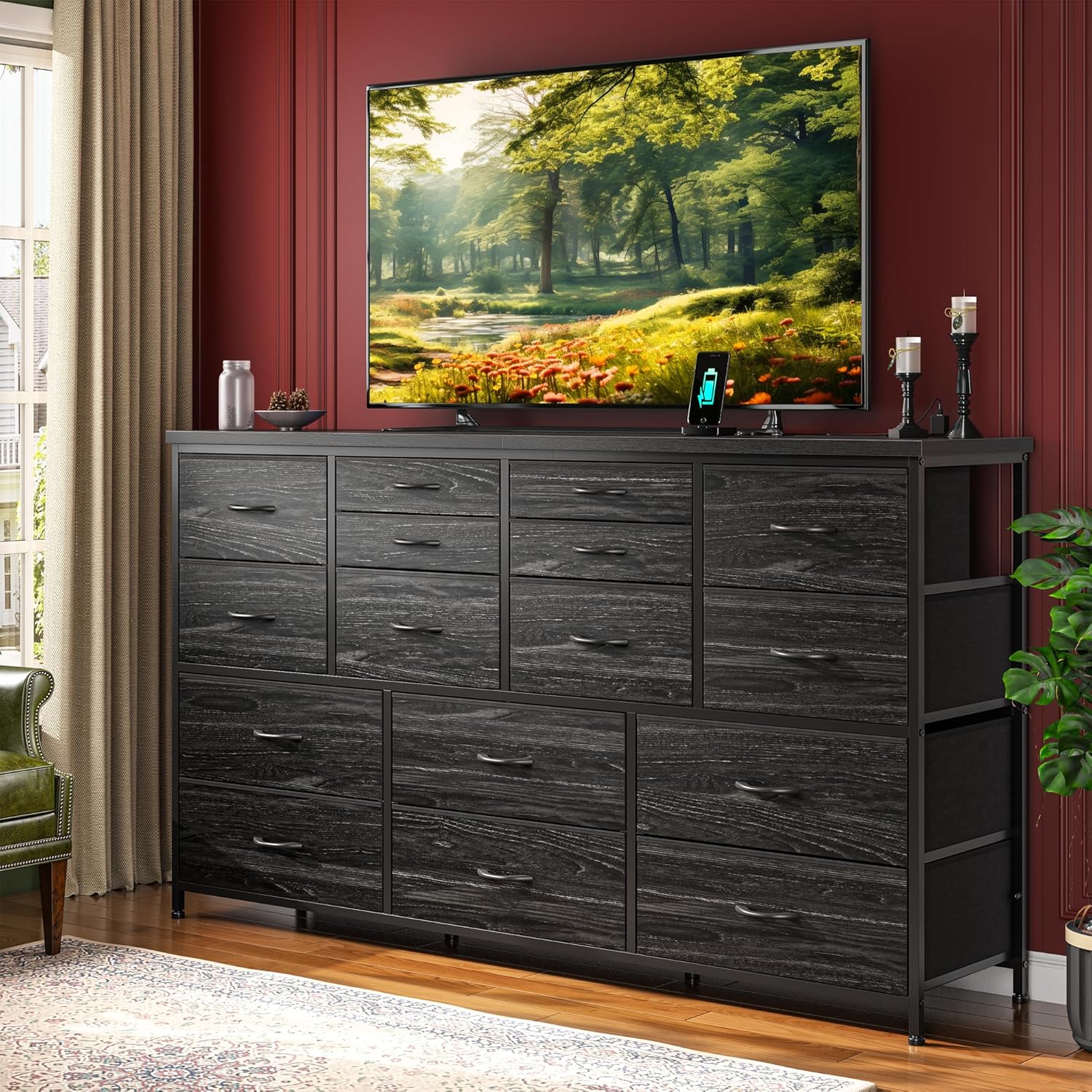 Dresser used as a TV stand in a living room setting with a large television placed on top