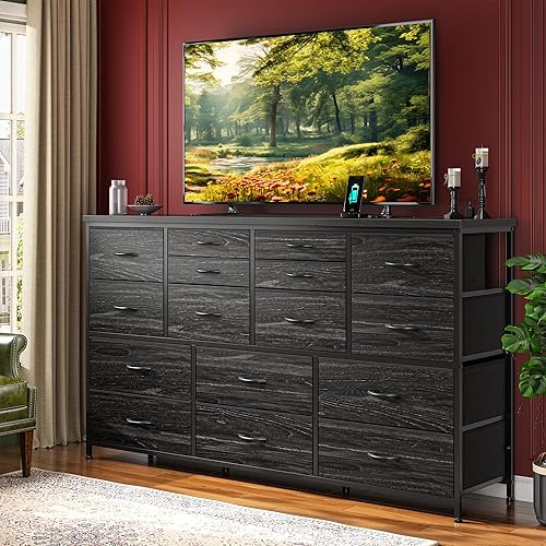 Miniatura 8 de Cómoda para dormitorio con 16 cajones de tela, cómoda larga con estación de carga, soporte de TV para televisor de 60" cómodas y cajoneras para