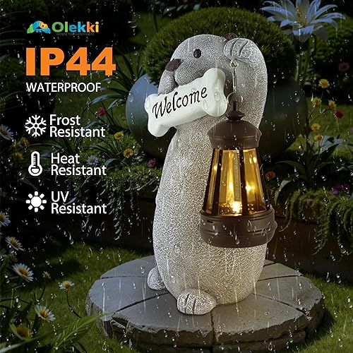 Miniatura 5 de Estatua solar de jardín para perros con luz de linterna, estatua de perro al aire libre de 9.2 pulgadas para decoración de patio, jardín, bonito