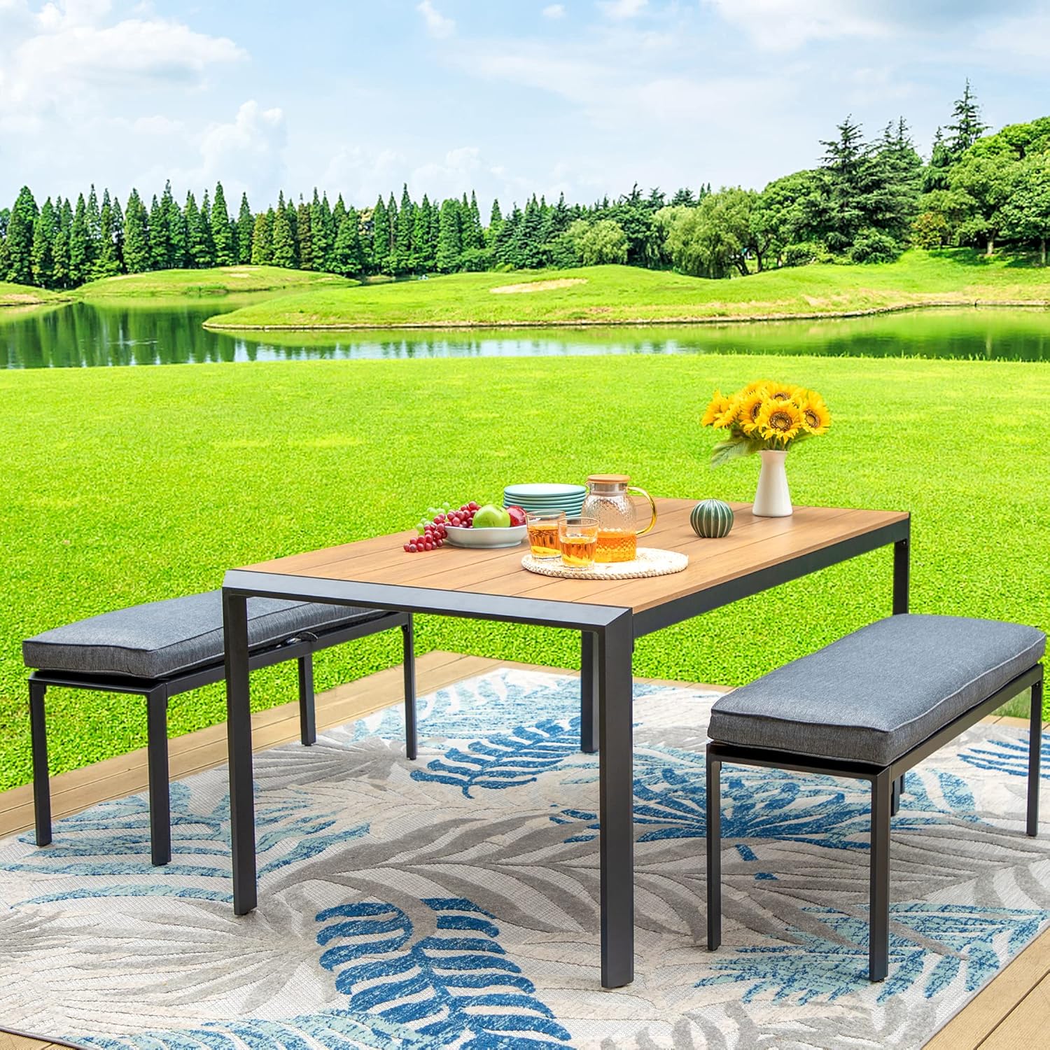 Sophia & William Aluminium Patio Table and Benches 3-Piece Patio Dining Set for 4, 2 Outdoor Benches 42" with Cushion, 1 Patio Dining Table 63" for Lawn Backyard