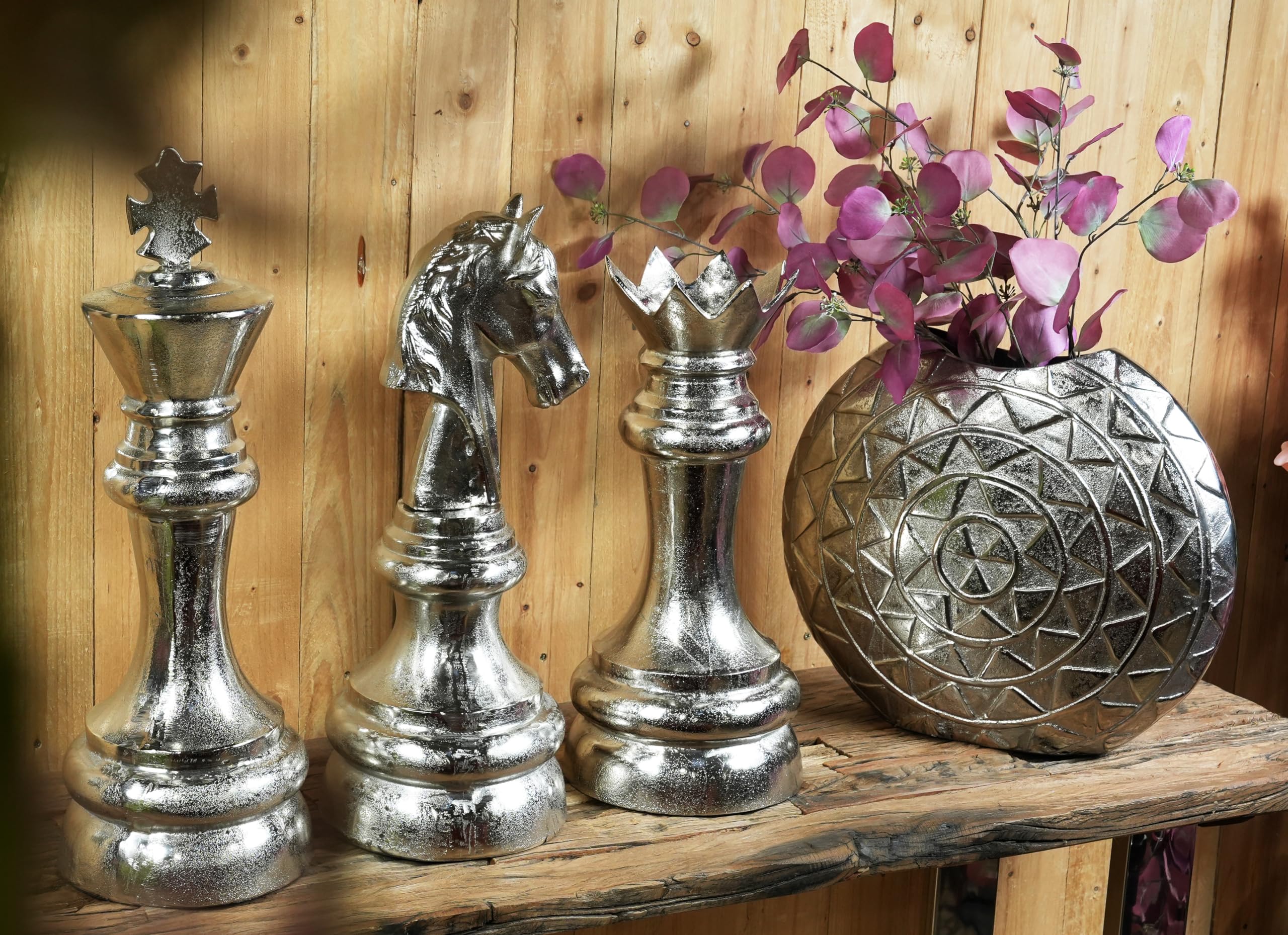 MichaelNoll Schachfigur XXL, König, Dame oder Springer, Schach Figur Schachspiel Deko Aluminium Silber, Dekoration für Wohnzimmer, Schlafzimmer oder Büro (König - MN-DE-5128)