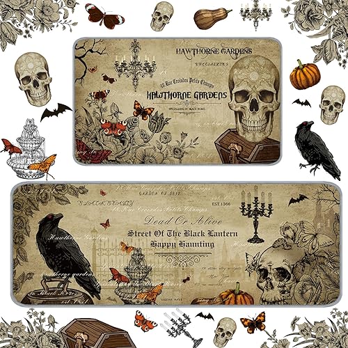 Miniatura 8 de Timgle 2 alfombras de Halloween con diseño de calabaza y esqueleto, diseño de bruja, para cocina y baño, decoración gótica para Halloween, hogar