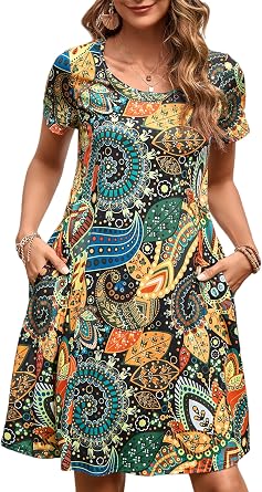 Womens Summer Casual Dresses Paisley Floral T Shirt Dress Short Sleeve Plus Size Sundress Swing Boho Dress with Pockets