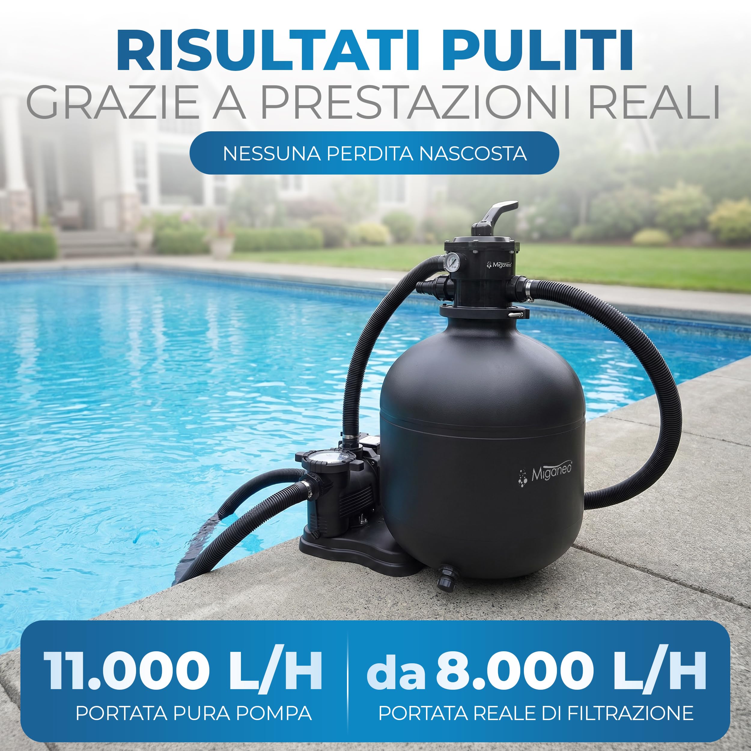 Miganeo Sistema di filtraggio a sabbia Dynamic 12000 Eco Pro, nero, 11.000 l/h, caldaia da 485 mm, autoaspirante